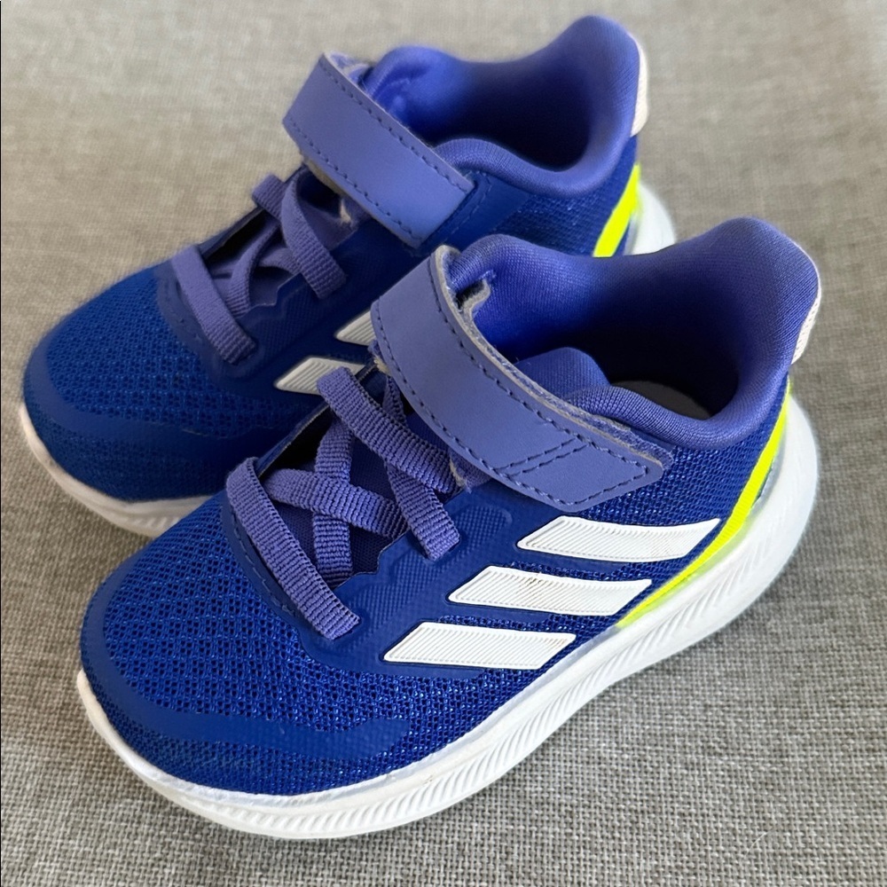 Adidas toddler Runfalcon 5 Blue and White Sneakers with Neon Accents